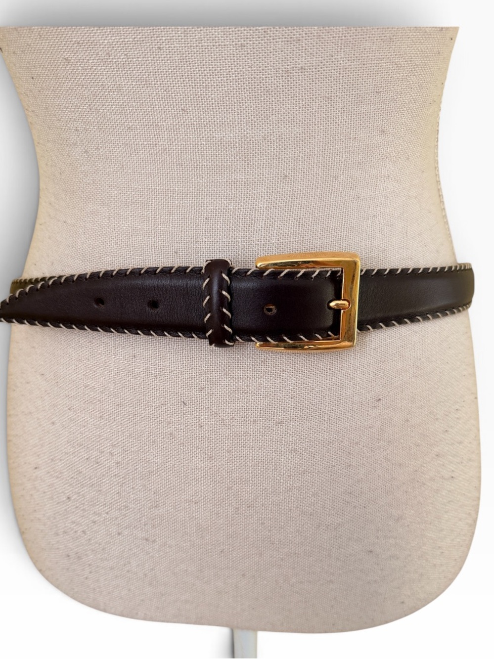 Tanner Brown Leather Belt with Whipstitch Detail and Gold-Tone Buckle L